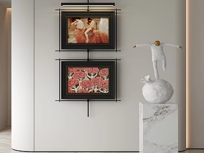 Interior Art Display With Two Framed Paintings And White Sculpture On Marble Pedestal 3d model