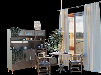 Cozy Tea Table And Chairs Interior With Wooden Cabinet Green Plants And Window Curtains 3d model