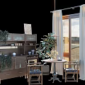 Cozy Tea Table And Chairs Interior With Wooden Cabinet Green Plants And Window Curtains