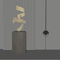 Golden Spiral Metal Sculpture on Dark Pedestal with Vertical Striped Wall and Black Spherical Light