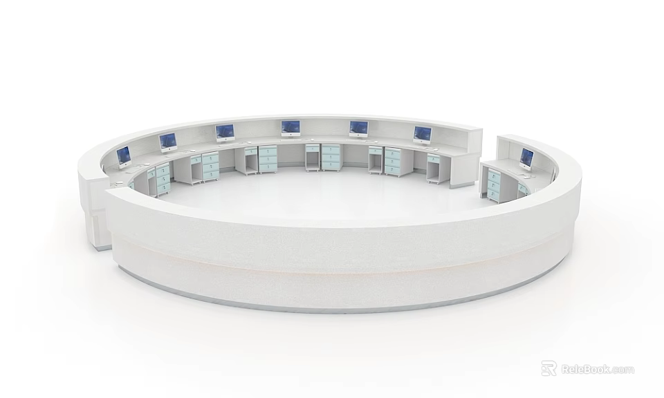 Hospital Information Desk With Circular Design White Surface And Multiple Computers 3d model 
