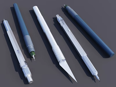 Differently Designed Metallic And Blue Pens With Textured Bodies And Sharp Tips 3d model