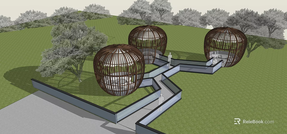 Public Chairs with Round Bamboo Cage Design in Outdoor Park Green Lawn Trees Pathway 3d model 