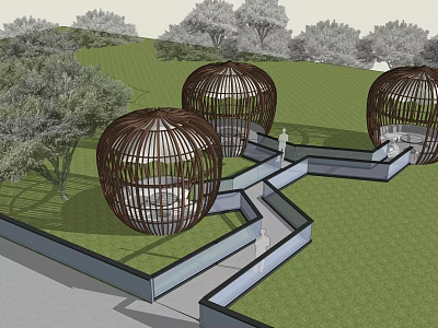 Public Chairs with Round Bamboo Cage Design in Outdoor Park Green Lawn Trees Pathway 3d model