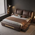 Modern Bedroom Interior With Brown Leather Bed Headboard Cushions Gray Bedding And Drawer Storage