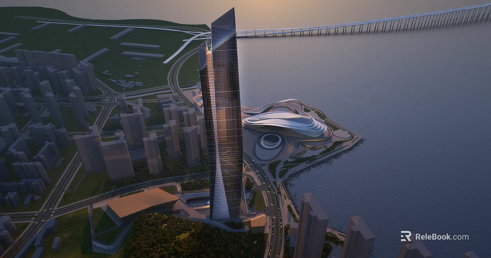 Modern Waterfront Cultural Center Building With Unique Design And Urban Cityscape 3d model 