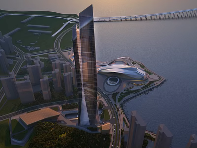 Modern Waterfront Cultural Center Building With Unique Design And Urban Cityscape 3d model