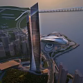 Modern Waterfront Cultural Center Building With Unique Design And Urban Cityscape