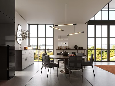 Contemporary Restaurant Dining Space With Large Windows Pendant Lights Wooden Table And Scenic View 3d model