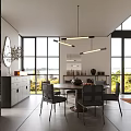 Contemporary Restaurant Dining Space With Large Windows Pendant Lights Wooden Table And Scenic View