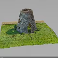 Stone Ancient Tower Model with Green Grass Square Base on Black Background 3d model
