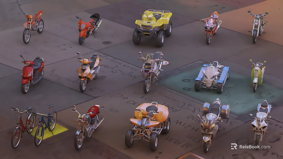 Various Colorful Motorcycles and All Terrain Vehicles Arranged in Outdoor Display Area 3d model 