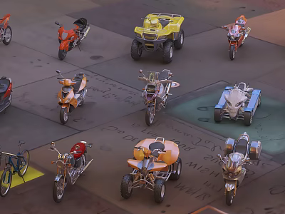Various Colorful Motorcycles and All Terrain Vehicles Arranged in Outdoor Display Area 3d model