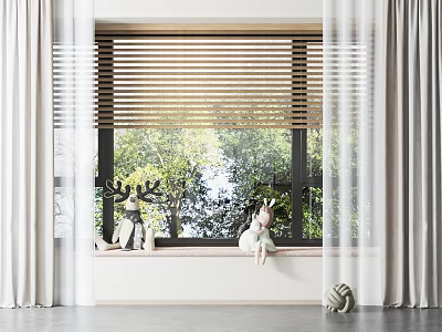 Cozy Bay Window With White Curtains Stuffed Toys And Green Trees View 3d model