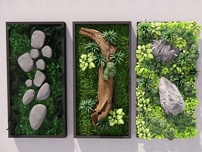 Three Framed Living Plant Walls with Stones Wooden Log and Decorative Rocks 3d model