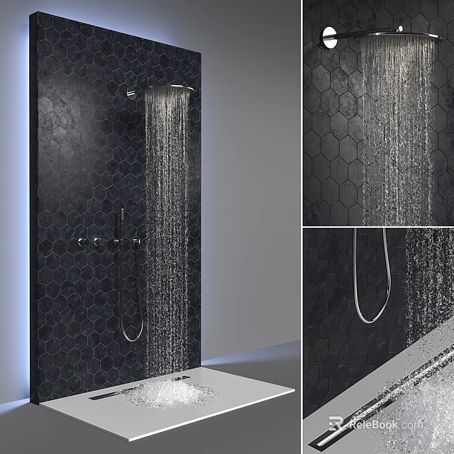 Modern Bathroom Shower Ensemble with Black Hexagonal Tiles Water Flow and Handheld Showerhead 3d model 