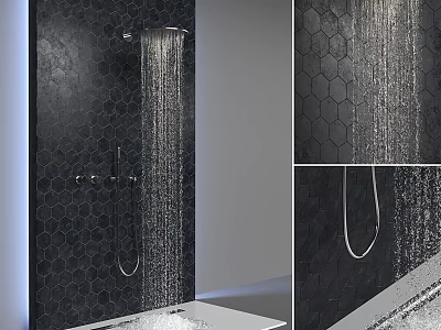 Modern Bathroom Shower Ensemble with Black Hexagonal Tiles Water Flow and Handheld Showerhead 3d model