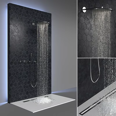 Modern Bathroom Shower Ensemble with Black Hexagonal Tiles Water Flow and Handheld Showerhead 3d model