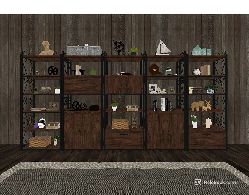 Wooden Metal Storage Shelving Unit With Multiple Shelves Drawers And Decorative Items Against Wooden Wall 3d model 