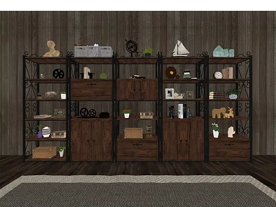 Wooden Metal Storage Shelving Unit With Multiple Shelves Drawers And Decorative Items Against Wooden Wall 3d model