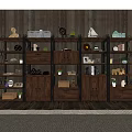 Wooden Metal Storage Shelving Unit With Multiple Shelves Drawers And Decorative Items Against Wooden Wall