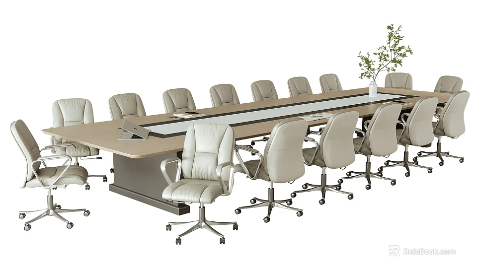 Modern Office Conference Table With Rectangular Design Rolling Leather Chairs And Green Plant 3d model 