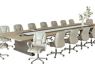 Modern Office Conference Table With Rectangular Design Rolling Leather Chairs And Green Plant 3d model