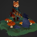 Red Fox Wearing Scarf Standing with Black Rabbit on Snowy Ground with Red Mushrooms and Grass