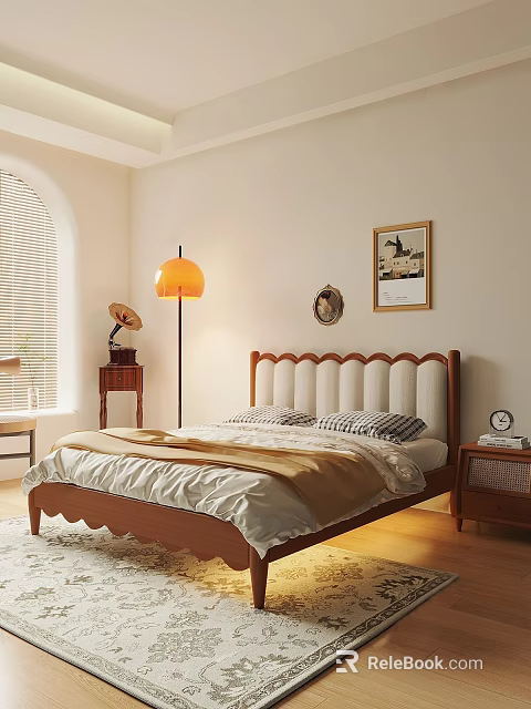 Cozy Modern Bedroom Interior With Upholstered Headboard Arch Window Floor Lamp Decorative Painting And Nightstand 3d model 
