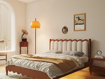Cozy Modern Bedroom Interior With Upholstered Headboard Arch Window Floor Lamp Decorative Painting And Nightstand 3d model