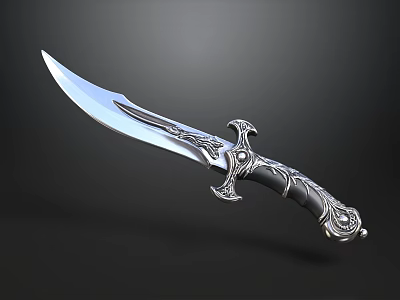 Intricately Carved Silver Blade Knife With Decorative Handle On Black Background 3d model