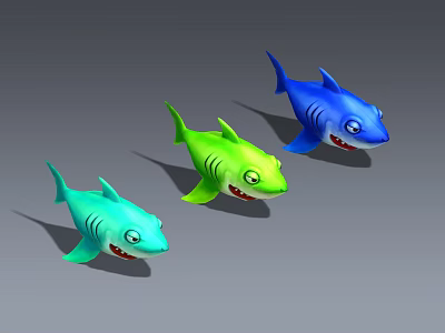 Three Colorful Cartoon Style Toy Shark Figures With Big Eyes And Smiling Mouth 3d model