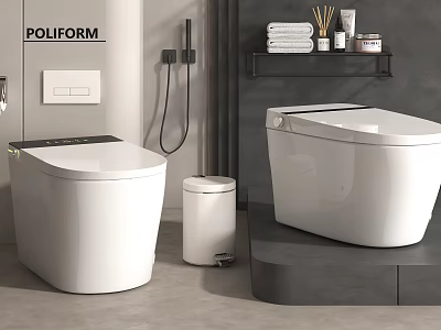 Modern White Toilets In Contemporary Bathroom With Trash Bin Shelf Towels And Toiletries 3d model