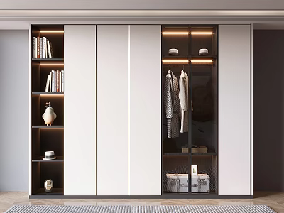 Modern Wardrobe With White Panels Black Frame Glass Doors Hanging Rods And Storage Shelves 3d model