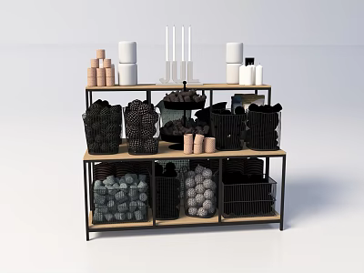 Retail Display Shelf with Multi Tiered Storage Holding White Cups Black Baskets and Decorative Containers 3d model