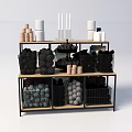 Retail Display Shelf with Multi Tiered Storage Holding White Cups Black Baskets and Decorative Containers