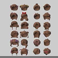 Cartoon Head Models With Various Brown Hairstyles Bowknots Ponytails And Decorative Details
