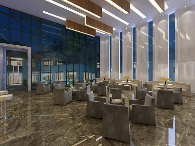 Modern Spacious Sales Office Interior With Gray Seats Marble Floor And Large Glass Windows 3d model