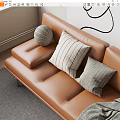 Stylish Throw Pillows On Brown Leather Sofa Featuring Striped And Round Designs