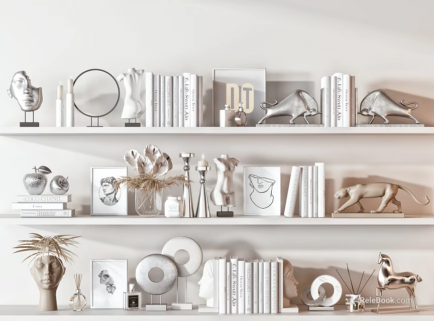Modern Decorative Ornament Set on Shelves with Animal Figurines Books Photo Frames and Sculptures 3d model 