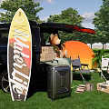 Outdoor Camping Setup With Open Vehicle Trunk Teddy Bear Folding Chairs And Campfire