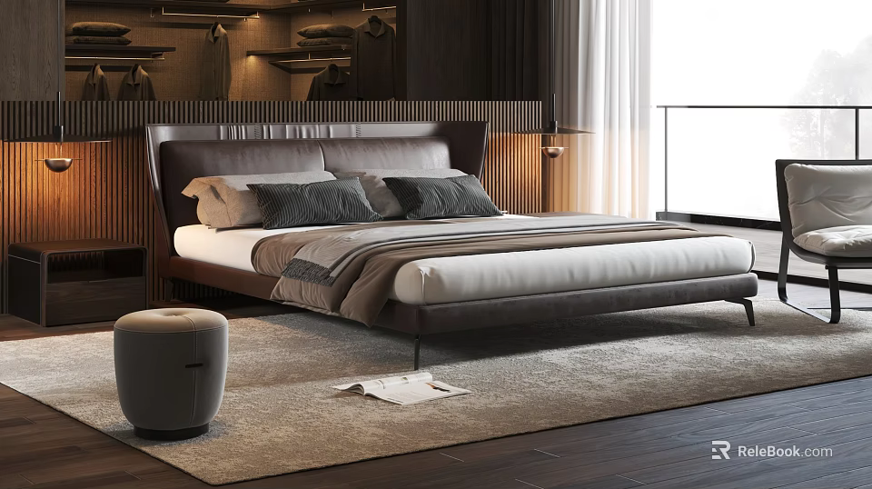 Modern Double Bed With Brown Headboard Plush Pillows Bedding Soft Rug Stool And Natural Light 3d model 