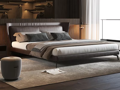 Modern Double Bed With Brown Headboard Plush Pillows Bedding Soft Rug Stool And Natural Light 3d model