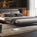 Modern Double Bed With Brown Headboard Plush Pillows Bedding Soft Rug Stool And Natural Light