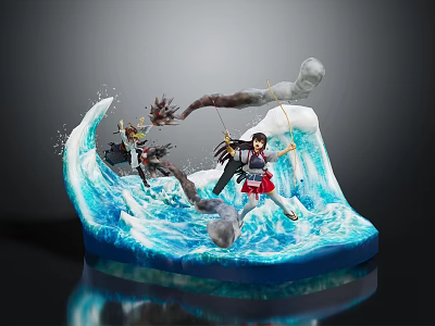 Dynamic Anime Characters And Dragon Creature Battling On Turquoise Waves With Clouds 3d model