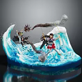 Dynamic Anime Characters And Dragon Creature Battling On Turquoise Waves With Clouds 3d model