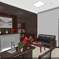 Office Interior Design With Wooden Desk Computer Monitor Black Leather Sofa And Bookshelf