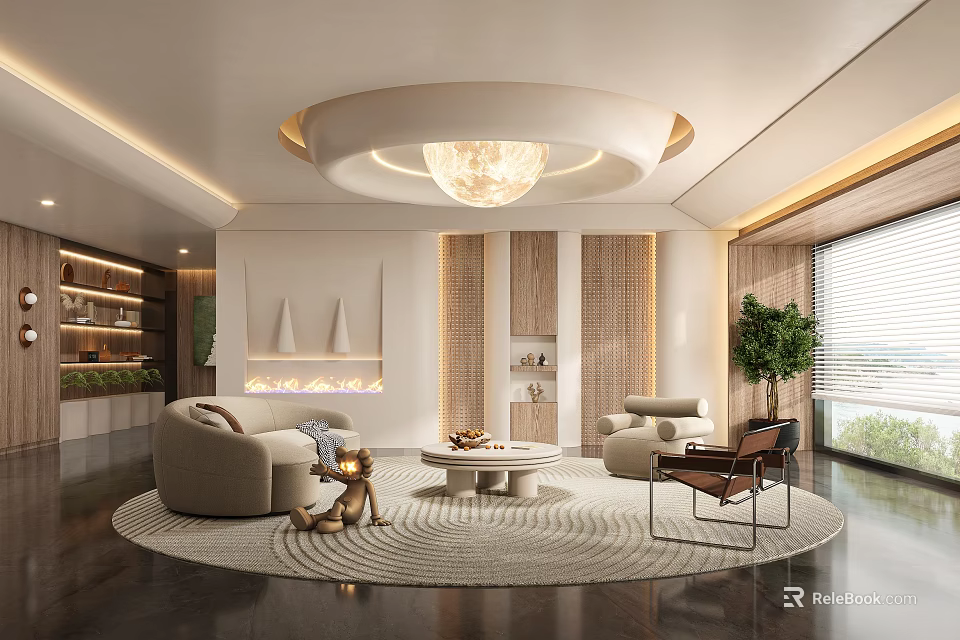 Modern Elegant Living Room With White Sofa Round Rug Chandelier Wooden Decor Green Plant Fireplace 3d model 