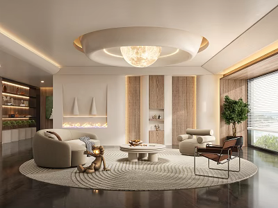 Modern Elegant Living Room With White Sofa Round Rug Chandelier Wooden Decor Green Plant Fireplace 3d model