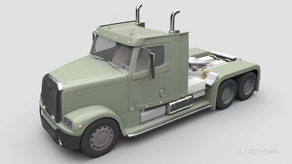 Green Heavy Duty Truck Cab With Dual Exhaust Pipes And Wheels 3d model 